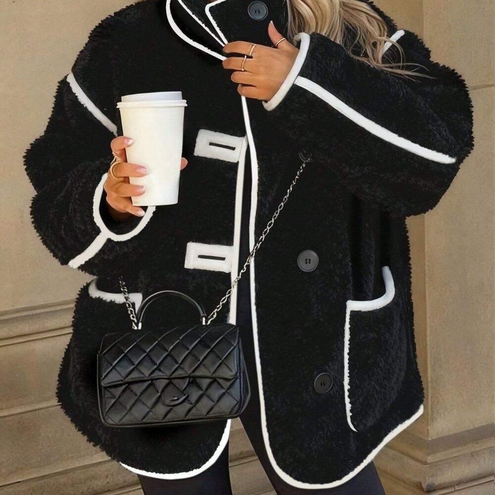 Black Preppy Women's Plus Size Turtleneck Faux Fur Coat with Pockets